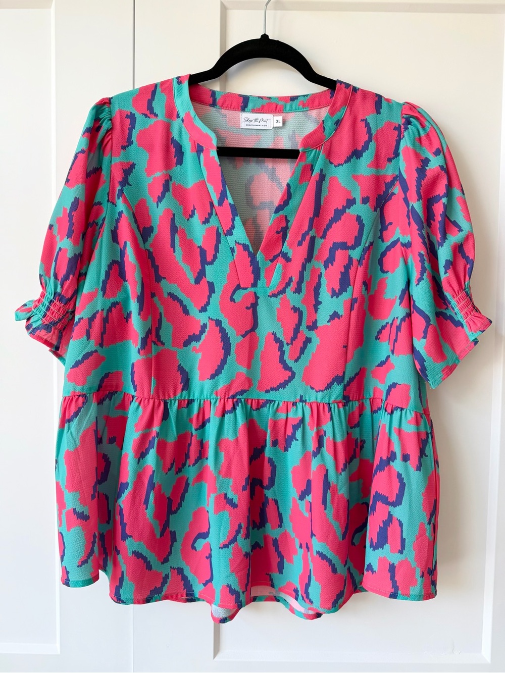 Shop the Mint I See The Light Emerald & Pink Leopard Peplum Blouse